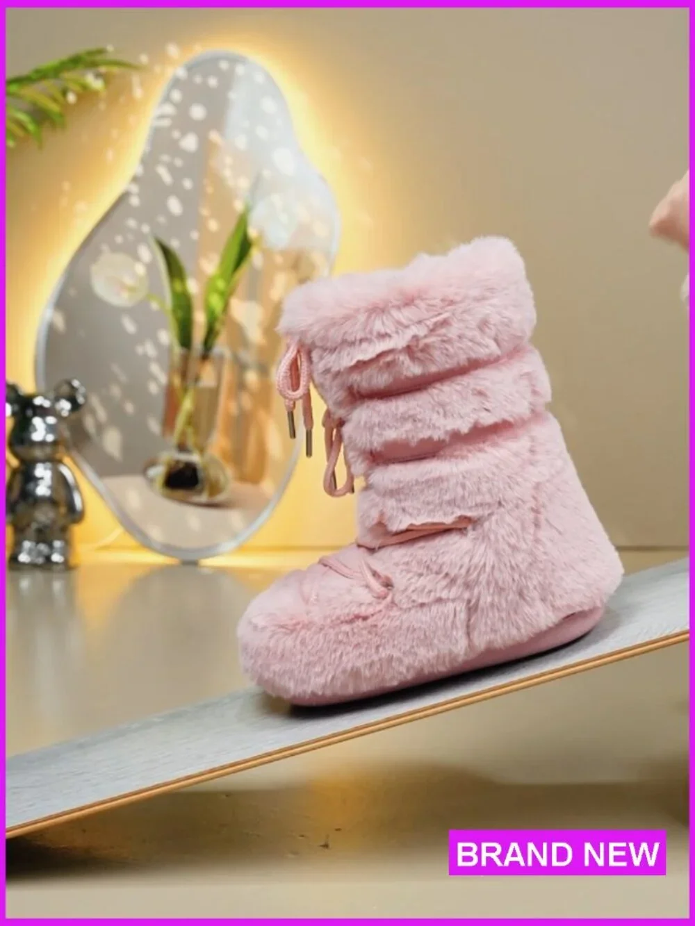 Faux Fur Snow Boots Mid-Calf Fluffy Furry Winter Warm Platform Lace-Up